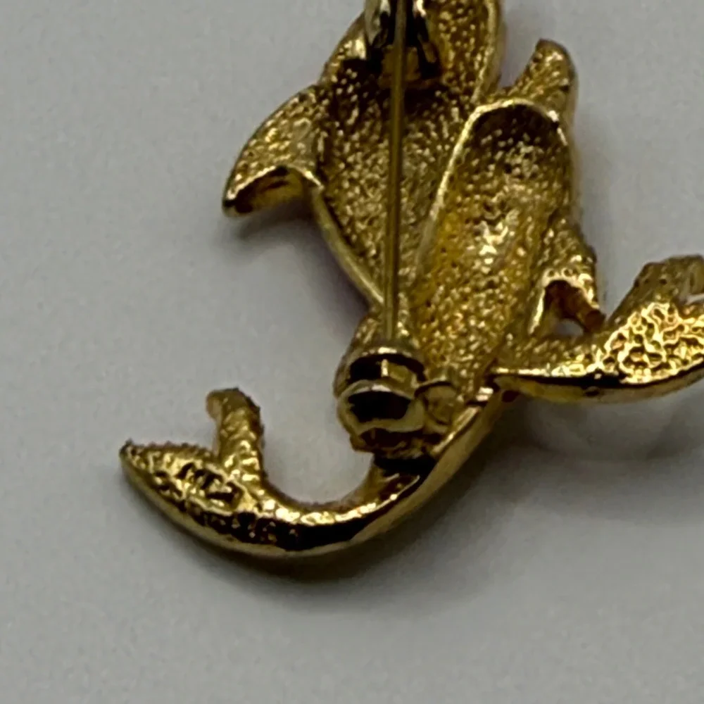 MJ Jewelry Vintage Red Yellow Enamel Rhinestone Double Dolphin Brooch